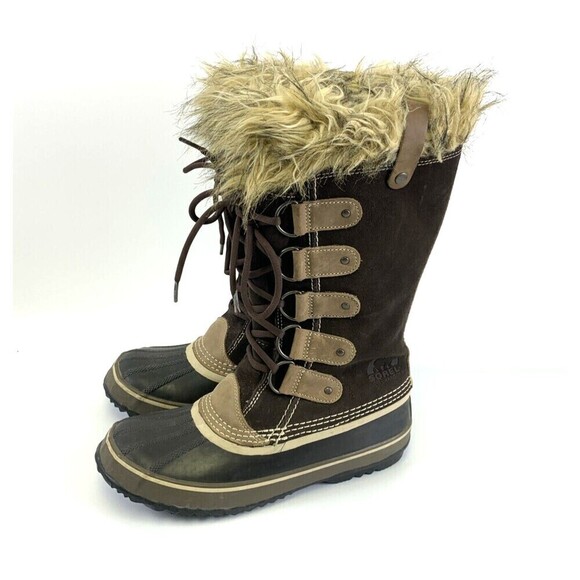 Sorel Joan Of Arctic Tall Boots Brown Suede Lace Up Wool Liner Fur Trim Womens 9 - Picture 1 of 13